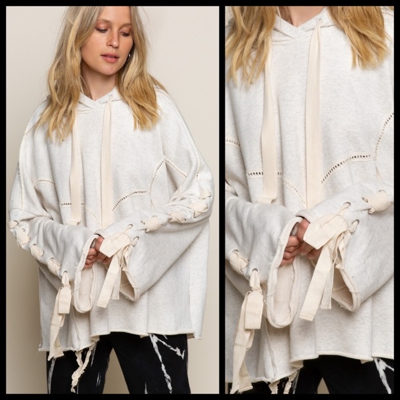 POL “Urban Chic” French Terry Hoodie Top Criss Cross Laces Down Sleeves Raw Hem - Picture 9 of 16